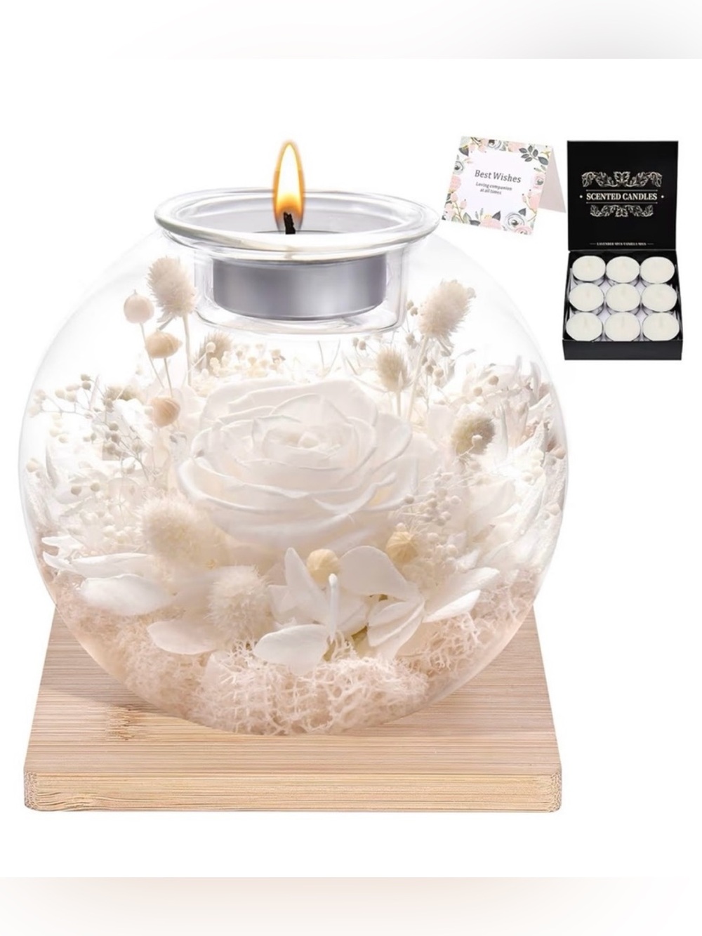 Preserved Forever Rose in Glass Dome with 18 Scented Candles Gift Set